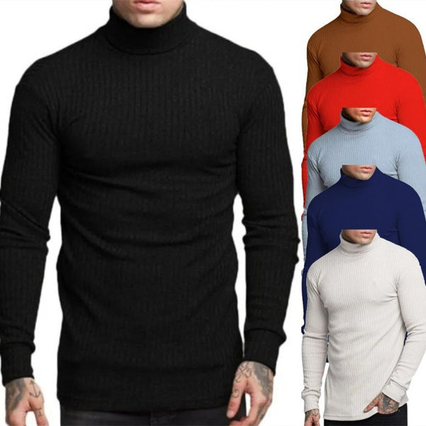 Casual Men's Fashion Solid Color High-neck Twisted Stripe Knit Sweater Slim Fit Knitwear