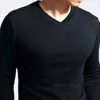 2025 Elastic Mens T-Shirt V-Neck Long Sleeve Men T Shirt For Male T-Shirts Man Clothing TShirt Brand New Solid Color Tops Tee