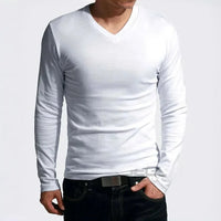 2025 Elastic Mens T-Shirt V-Neck Long Sleeve Men T Shirt For Male T-Shirts Man Clothing TShirt Brand New Solid Color Tops Tee