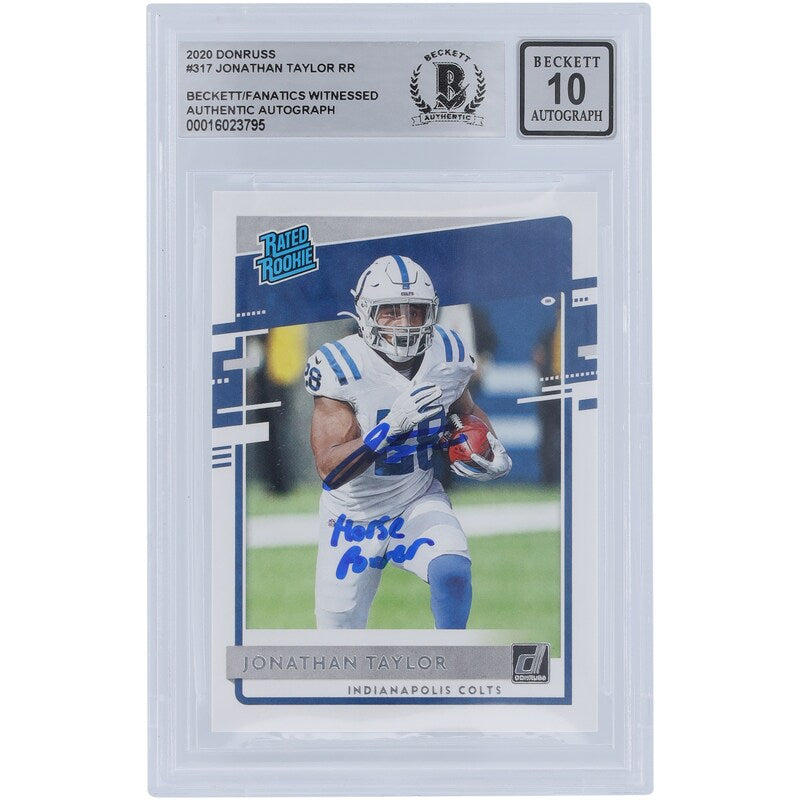 Jonathan Taylor Indianapolis Colts Autographed 2020 Panini Donruss Rated Rookie #317 Beckett Fanatics Witnessed Authenticated 10 Rookie Card with "Horse Power" Inscription