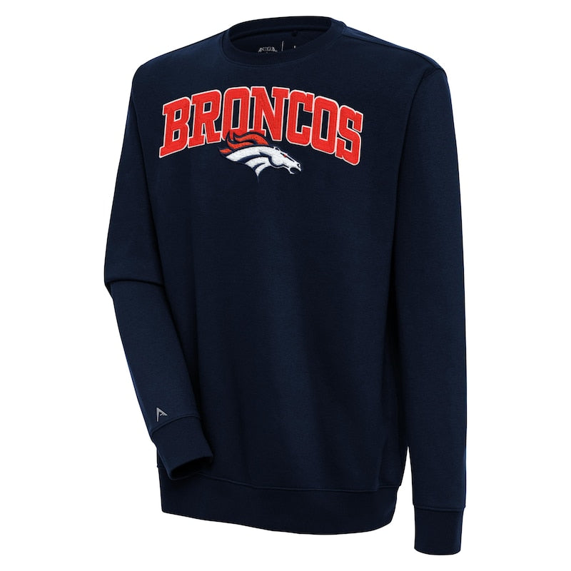 Men's Antigua  Navy Denver Broncos Victory Chenille Pullover Sweatshirt
