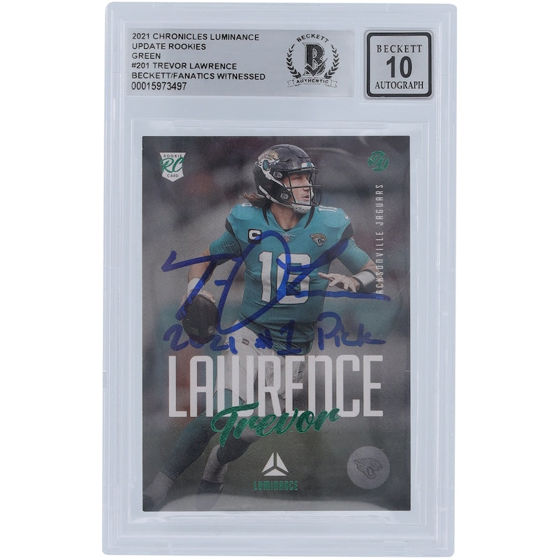 Trevor Lawrence Jacksonville Jaguars Autographed 2021 Panini Chronicles Luminance Green #201 Beckett Fanatics Witnessed Authenticated 10 Rookie Card with "2021 #1 Pick" Inscription